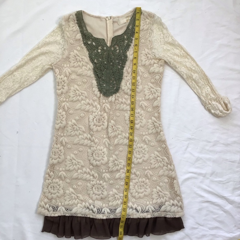 A'Reve Women Chic Sheer Cream Dolly/Olive Lace Detail Brown Ruffle Tier Dress M - Picture 8 of 11